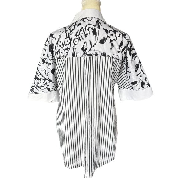 Chico's black and white striped and floral short sleeve button down shirt size 1 - Picture 4 of 9